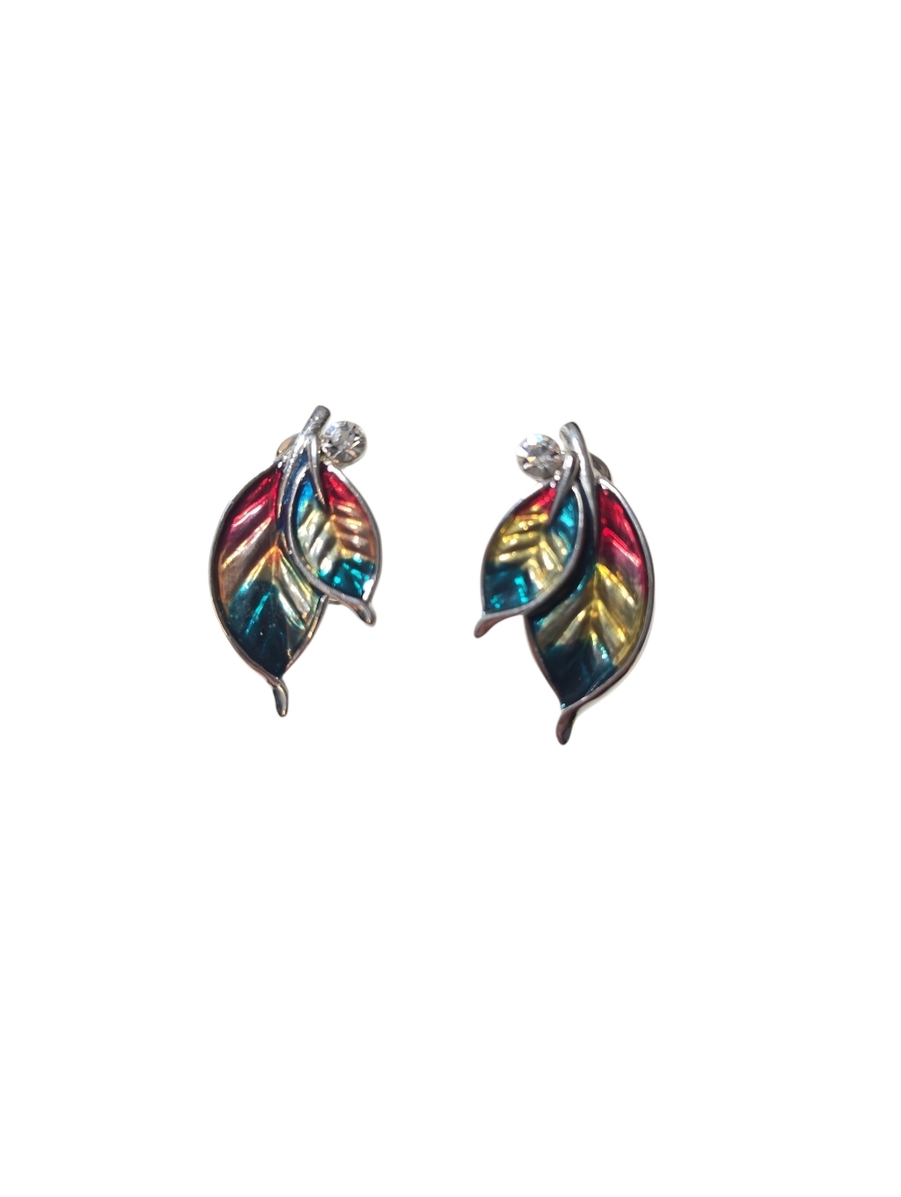 Oceana Trading Island Double-Leaf Enamel Earrings Silver Tone Rhinestone